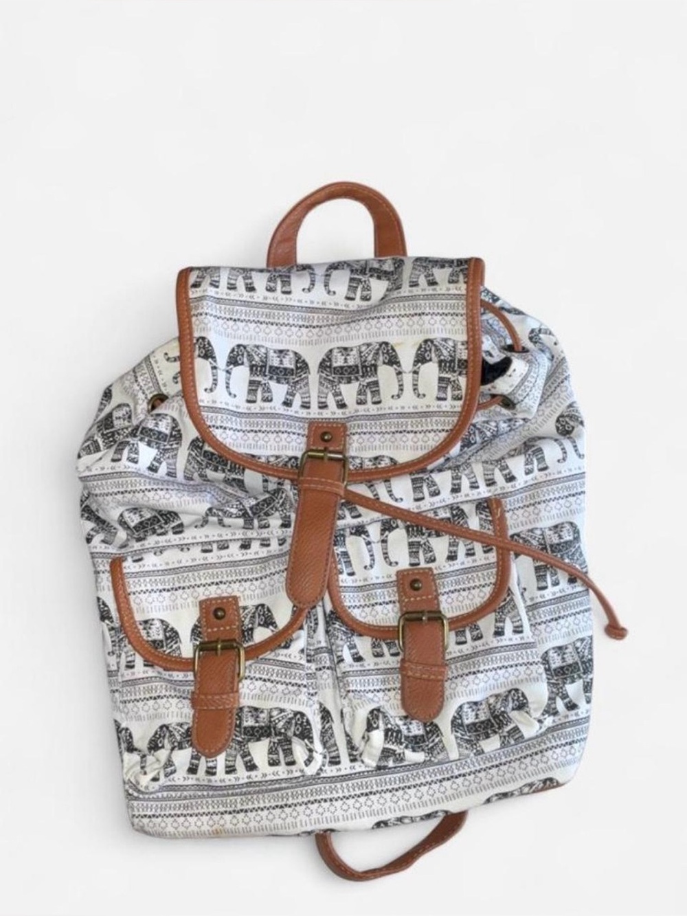 Boho Elephant Print Canvas Backpack with Brown Trim